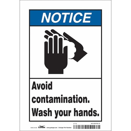 AVOID CONTAMINATION. WASH YOUR HANDS., 7 in W x 10 in H, Horizontal Rectangle, Vinyl, 485P05