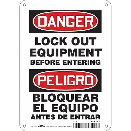 Lockout Sign, 10 in Height, 7 in Width, Aluminum, Horizontal Rectangle, English, Spanish
