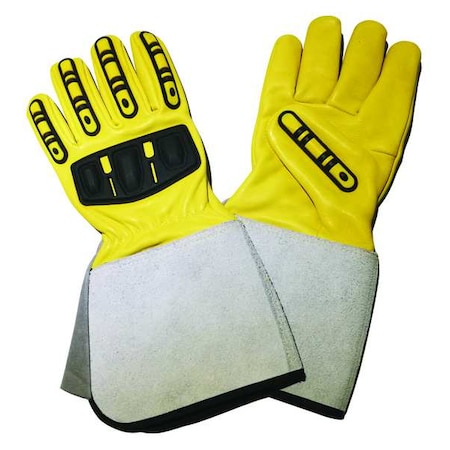 Leather Drivers Gloves, Gauntlet Cuff, Wing Thumb, Yellow, M, 1 PR