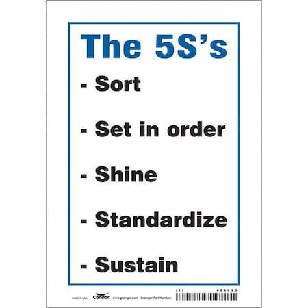 THE 5S'S SORT SET IN ORDER SHINE STANDARDIZE SUSTAIN, 7 in W x 10 in H, Rectangle, Vinyl, 486P23