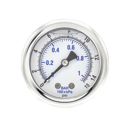 Industrial Pressure Gauge, 0 to 15 psi, 2 in Dial, 1/8 in NPT, Center Back Location