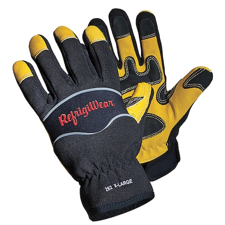 Cold Protection Gloves, Grain Pigskin Leather Palm, Fiberfill/Foam/Tricot Lining, Black/Yellow