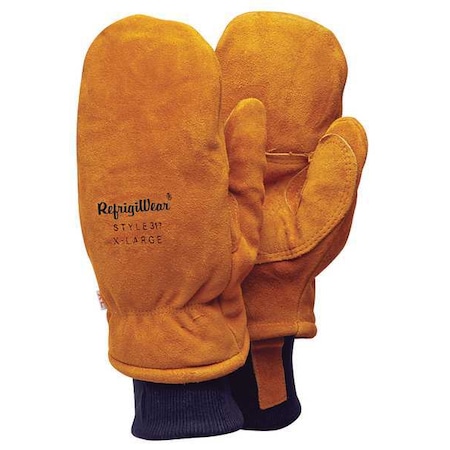 Cold Protection Mitt Gloves, Split Cowhide Leather Palm, Knit Cuff, Gold, 1 PR