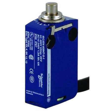 Limit Switch, Plunger, 1NC/1NO, 6A at 240V AC, Actuator Location: Top