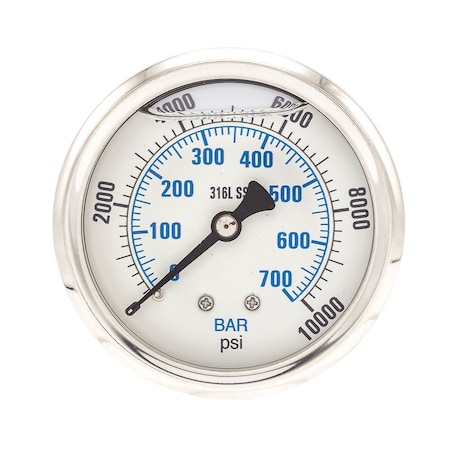 Industrial Pressure Gauge, 0 to 10,000 psi, 2 1/2 in Dial, 1/4 in NPT, Center Back Location