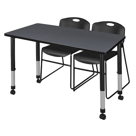 Regency Kee 48 x 24 in. Mobile Adjustable Classroom Table- Grey & 2 Zeng Stack Chairs- Black