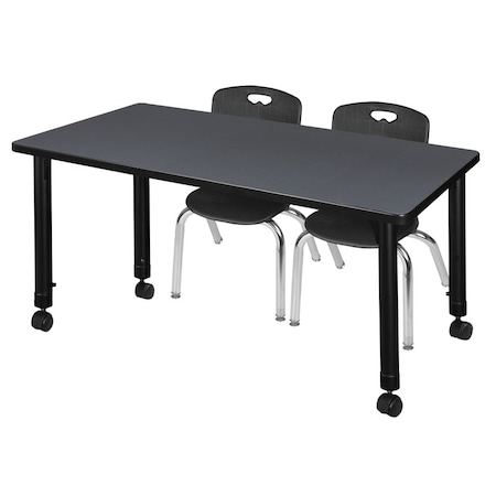Regency Kee 48 x 24 in. Mobile Adjustable Classroom Table- Grey & 2 Andy 12 in. Stack Chairs- Black