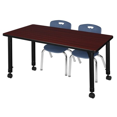 Regency Kee 48 x 24 in. Mobile Adjustable Classroom Table- Mahogany & 2 Andy 12 in. Stack Chairs- Blue