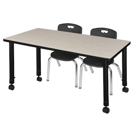 Regency Kee 48 x 24 in. Mobile Adjustable Classroom Table- Maple & 2 Andy 12 in. Stack Chairs- Black