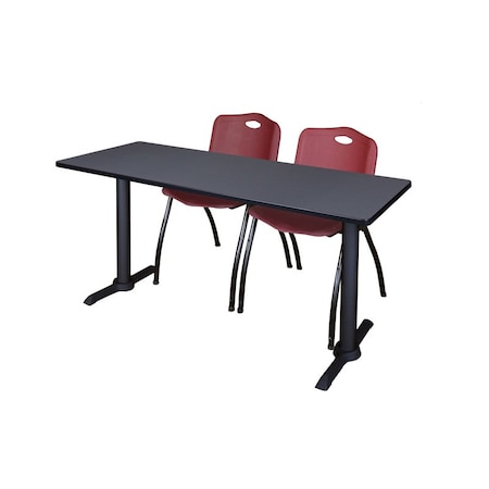 Regency Cain 66 x 24 in. T-Base Training Seminar Table- Grey & 2 M Stack Chairs- Burgundy