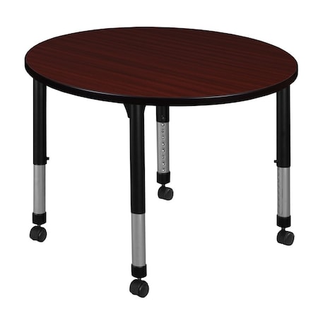 Round Mobile Tables, 42 W, 42 L, 23-34 H, Wood, Metal, Mahogany