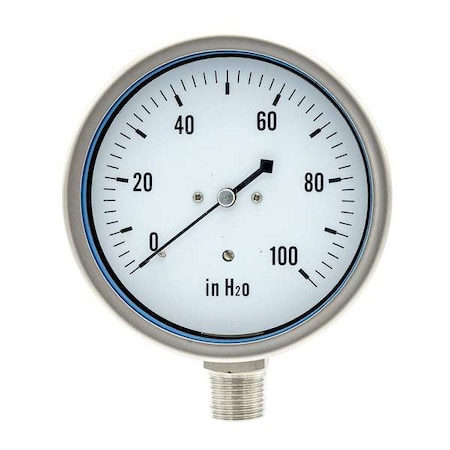 Low Pressure Gauge, 0 to 100 psi, 4 in Dial, 1/2 in NPT, Bottom Location