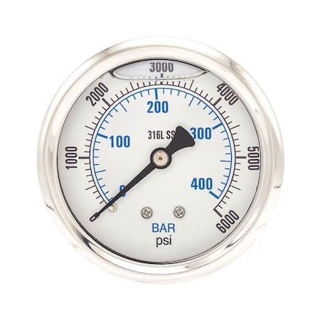 Industrial Pressure Gauge, 0 to 6,000 psi, 2 1/2 in Dial, 1/4 in NPT, Center Back Location