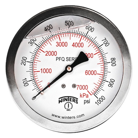 Industrial Pressure Gauge, 0 to 1,000 psi, 4 in Dial, 1/4 in NPT, Center Back Location