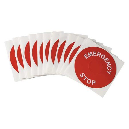 Emergency Stop Legend Plate Label, 30mm, White on Red, THTEP-197-593RD,PK25