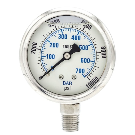 Industrial Pressure Gauge, 0 to 10,000 psi, 2 1/2 in Dial, 1/4 in NPT, Bottom Location