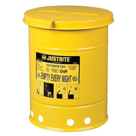 Oily Waste Can, 6 gal, Yellow, Steel, 15 7/8 in Height, Hand Operated Self-Closing