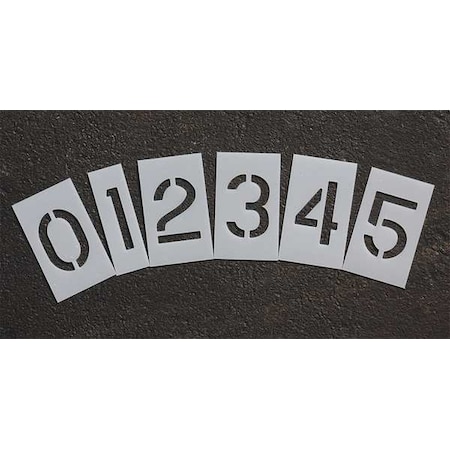 Pavement Stencil, Number Set, 0 Thru 9, Blanks, 6 in Character Height, Highway Gothic Font, Clear