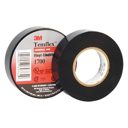 Electrical Tape, Vinyl, Black, 36 yd L, 3/4 in W
