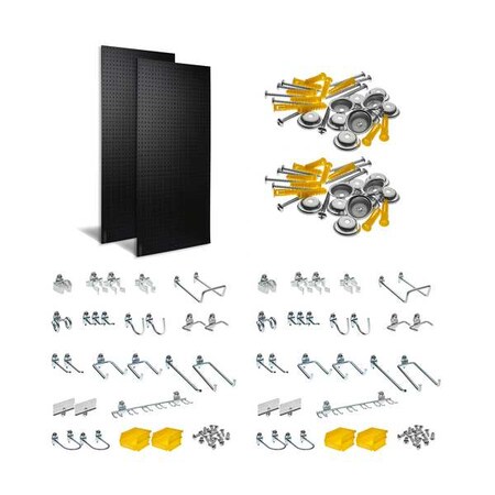 48 pc DuraHook Assortment, (2) 24 in W x 48 in H x 1/4 in D ABS Pegboards, 4 Hanging Bins