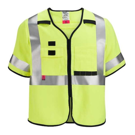 AR/FR Cat.1 High Visibility Vest w/Sleeves S, M Class 3 U Back, ,Hook and Loop 10 Pockets, No