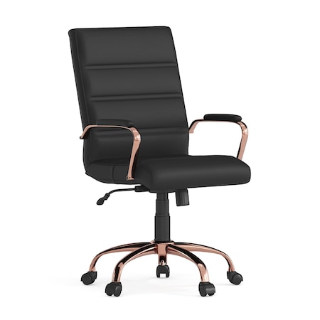 Black Leather Rose Gold Frame Mid-Back Chair