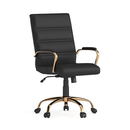 Black Leather Gold Frame Mid-Back Chair