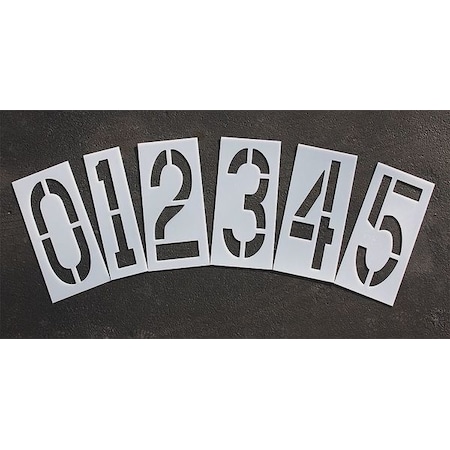 Pavement Stencil, Number Set, 0 Thru 9, Blanks, 18 in Character Height, Highway Gothic Font, Clear