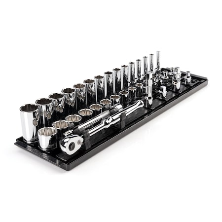 3/8 Inch Drive 12-Point Socket and Ratchet Set with Rails and Tray, 36-Piece 1/4-1 in.