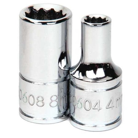 1/4" Drive, 9mm Metric Socket, 12 Points, 1/4" D,12Pt,9mm