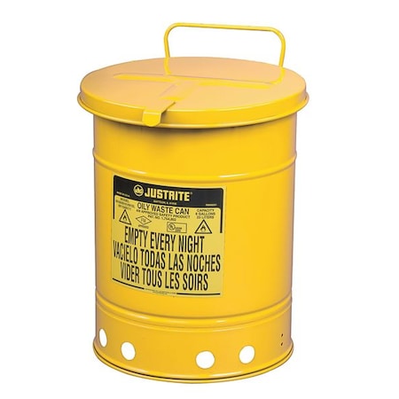 Oily Waste Can, 21 gal, Yellow, Steel, 23 7/16 in Height, Hand Operated Self-Closing