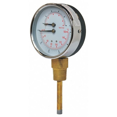 Round Boiler Gauge, 0 to 100 psi, 1/2 in MNPT, Steel, Silver