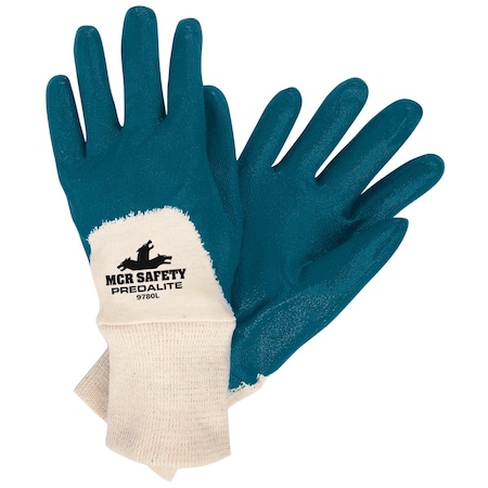 Coated Gloves, Nitrile, Smooth, 3/4 Dip, Not Rated Abrasion Level, Blue/White, L 12 PK