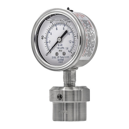 Vacuum Gauge with Diaphragm Seal, 0 to 200 psi, 2 1/2 in Dial, 1/4 in NPT, Bottom Location