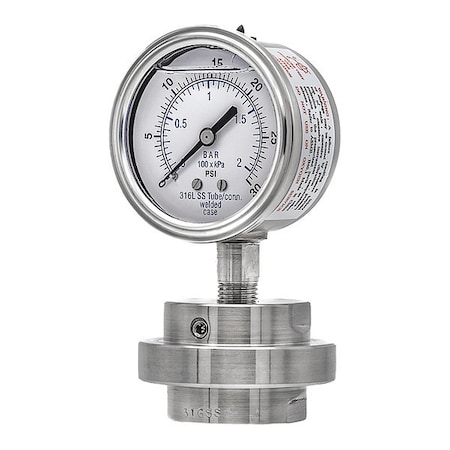 Pressure Gauge with Diaphragm Seal, 0 to 30 psi, 2 1/2 in Dial, 1/4 in NPT, Bottom Location