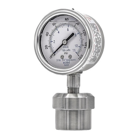 Pressure Gauge with Diaphragm Seal, 0 to 160 psi, 2 1/2 in Dial, 1/4 in NPT, Bottom Location