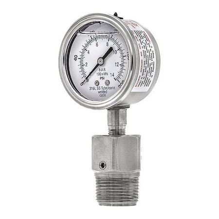 Pressure Gauge with Diaphragm Seal, 0 to 200 psi, 2 1/2 in Dial, 1/4 in NPT, Bottom Location