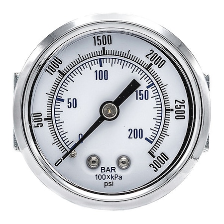 Industrial Pressure Gauge, 0 to 3,000 psi, 2 in Dial, 1/4 in NPT, Center Back Location