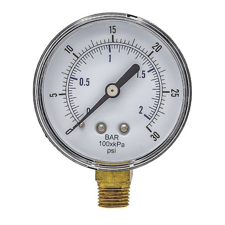 Industrial Pressure Gauge, 0 to 30 psi, 2 1/2 in Dial, 1/4 in BSPT, Bottom Location