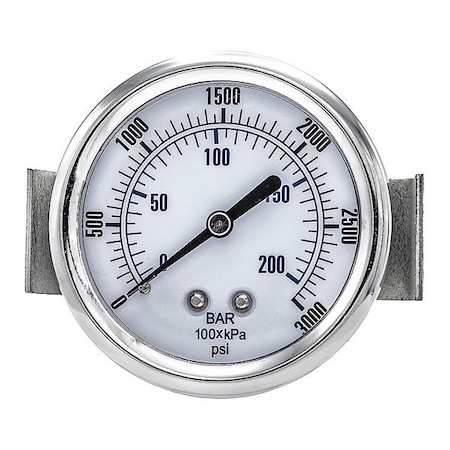 Industrial Pressure Gauge, 0 to 3,000 psi, 2 1/2 in Dial, 1/4 in NPT, Center Back Location