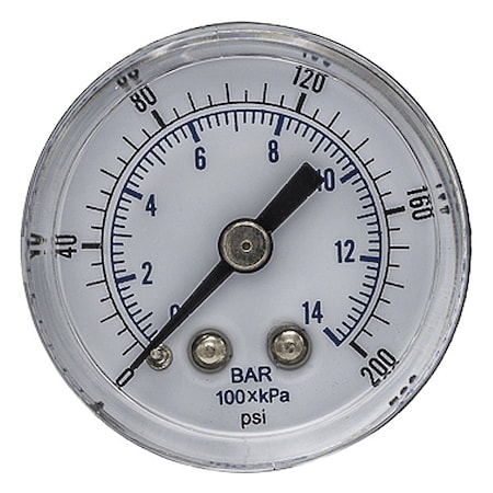 Industrial Pressure Gauge, 0 to 200 psi, 1 1/2 in Dial, 1/8 in BSPT, Center Back Location