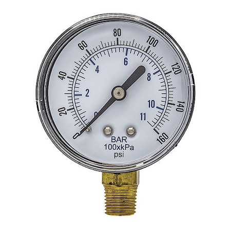 Industrial Pressure Gauge, 0 to 160 psi, 2 1/2 in Dial, 1/4 in BSPT, Bottom Location
