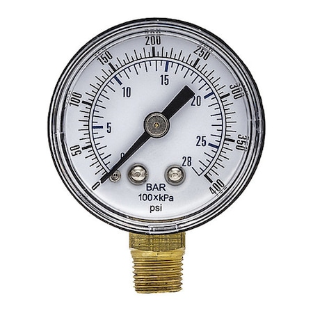Industrial Pressure Gauge, 0 to 400 psi, 1 1/2 in Dial, 1/8 in NPT, Bottom Location