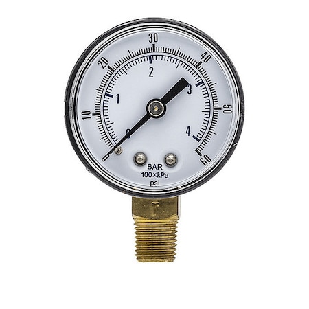 Industrial Pressure Gauge, 0 to 60 psi, 2 in Dial, 1/4 in BSPT, Bottom Location, Steel Case Material