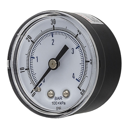Industrial Pressure Gauge, 0 to 60 psi, 2 in Dial, 1/4 in BSPT, Center Back Location