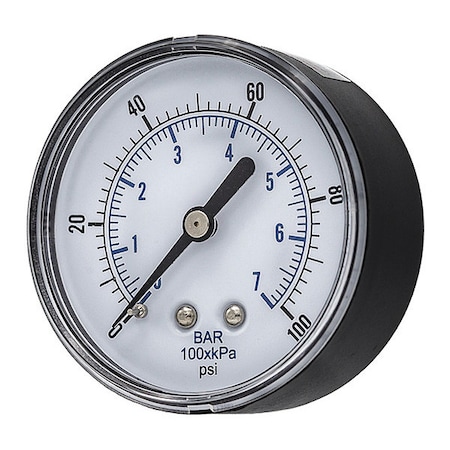 Industrial Pressure Gauge, 0 to 100 psi, 2 1/2 in Dial, 1/4 in BSPT, Center Back Location