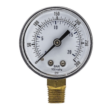 Industrial Pressure Gauge, 0 to 300 psi, 2 in Dial, 1/4 in BSPT, Bottom Location