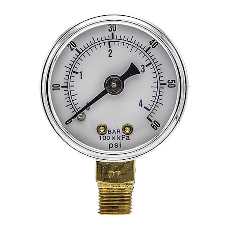 Industrial Pressure Gauge, 0 to 60 psi, 1 1/2 in Dial, 1/8 in NPT, Bottom Location
