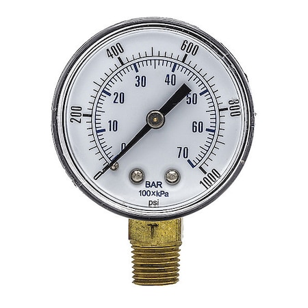 Industrial Pressure Gauge, 0 to 1,000 psi, 2 in Dial, 1/4 in BSPT, Bottom Location
