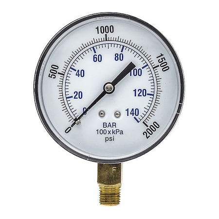 Industrial Pressure Gauge, 0 to 2,000 psi, 3 1/2 in Dial, 1/4 in NPT, Bottom Location